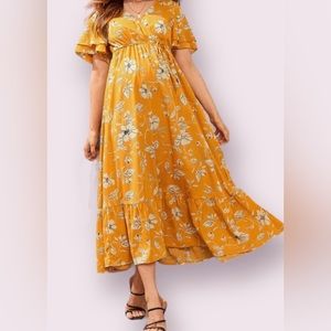 SHEIN, Sz Large, Yellow, Floral Print Ruffle Hem Dress